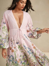 Daniela Midi Dress - Deep V Neck - Bishop Sleeve - Flared Hem - High Waist - A Line