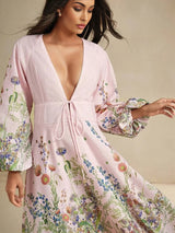 Daniela Midi Dress - Deep V Neck - Bishop Sleeve - Flared Hem - High Waist - A Line