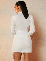 Daniela Mini Dress - Lapel Neckline - Asymmetrical Hem - High Waist - Fitted Style - Wrap Ruched Details