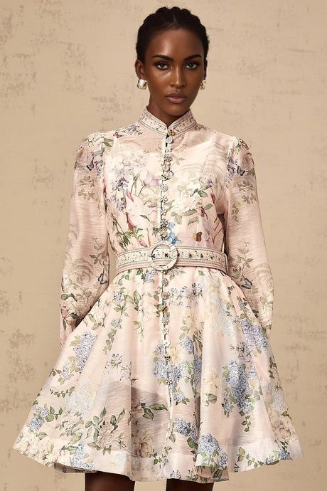 Daniela Mini Dress Light - Pink Floral Print & Belted Waist