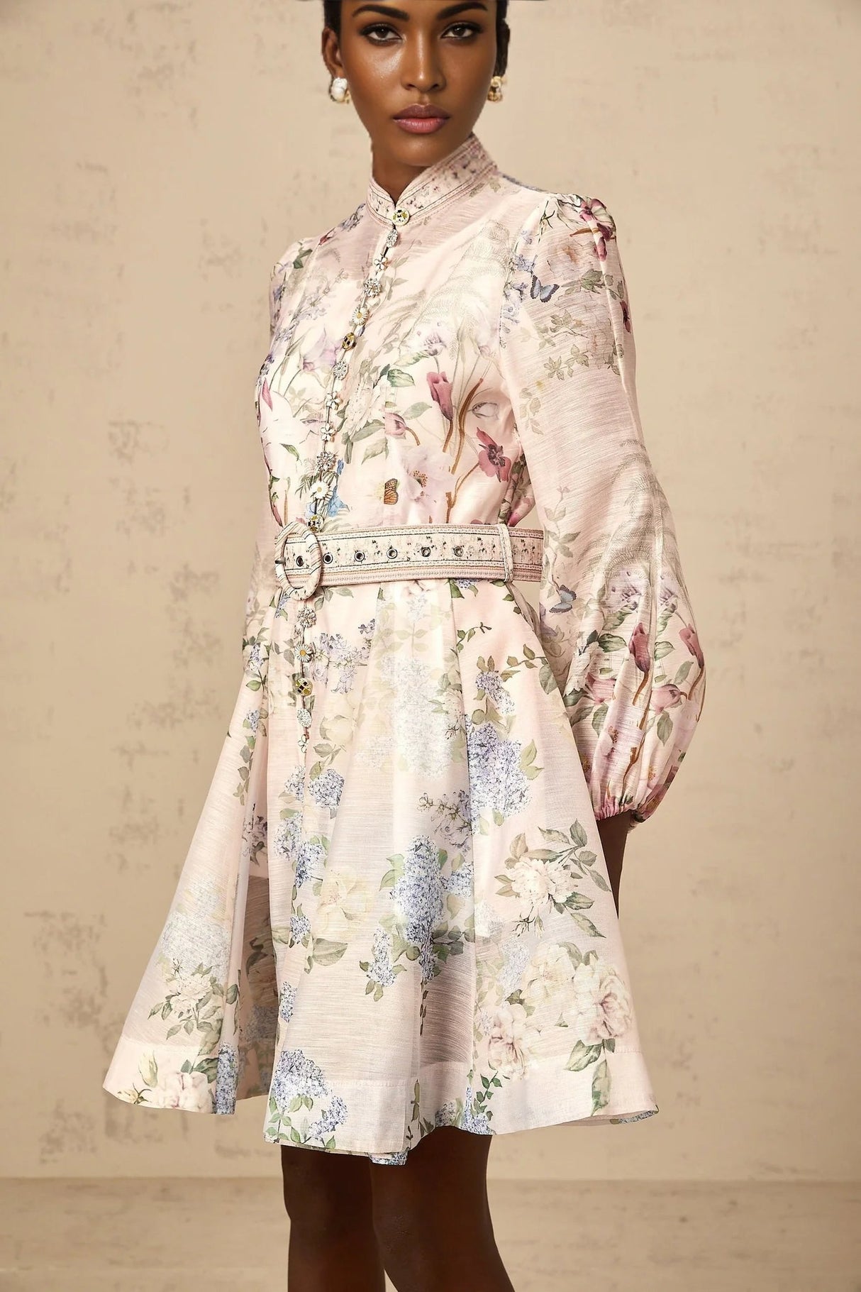Daniela Mini Dress Light - Pink Floral Print & Belted Waist
