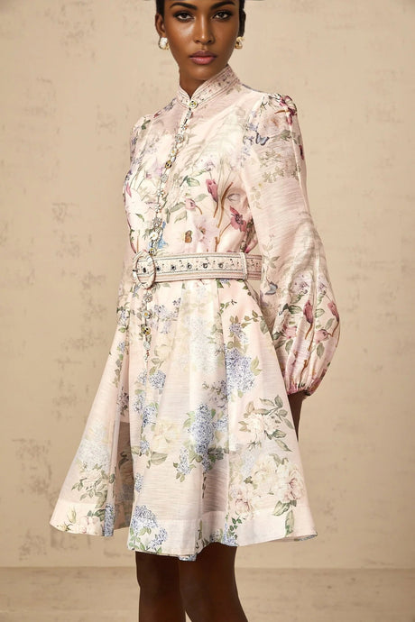 Daniela Mini Dress Light - Pink Floral Print & Belted Waist