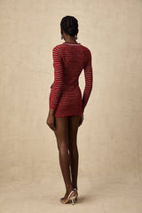 Daniela Mini Dress - Long Sleeve Colorblocked Knitted with Crystal Embellishment Bow Detailing & Front Flap Pockets