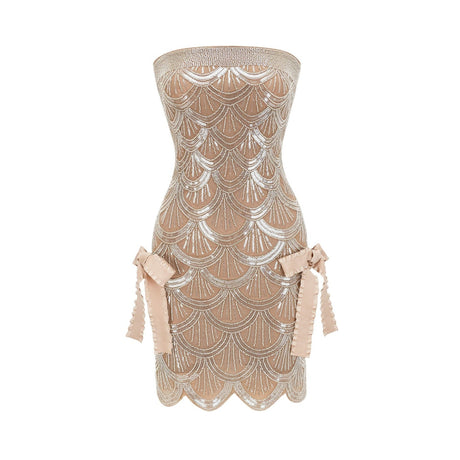 Daniela Mini Dress - Off the Shoulder Style - Bandage Design - Bowknot Detailing - Sequin Embellished