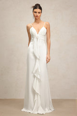 Daniela White V-Neckline Spaghetti Strap Rosette Detail Dress