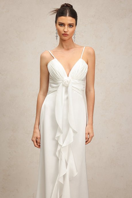 Daniela White V-Neckline Spaghetti Strap Rosette Detail Dress