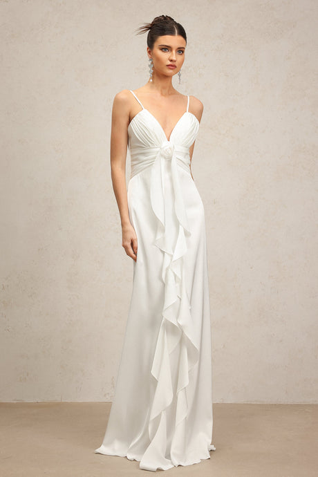 Daniela White V-Neckline Spaghetti Strap Rosette Detail Formal Dress