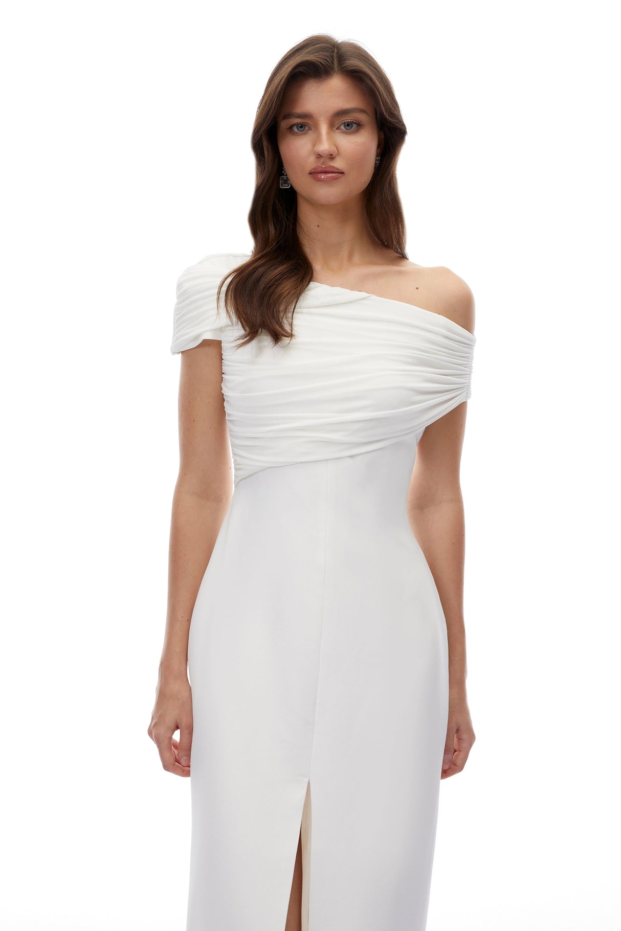Daniela White One Shoulder Ruched Maxi Dress
