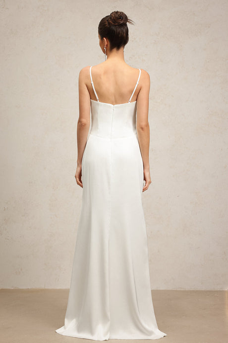 Daniela White V-Neckline Spaghetti Strap Rosette Detail Formal Dress