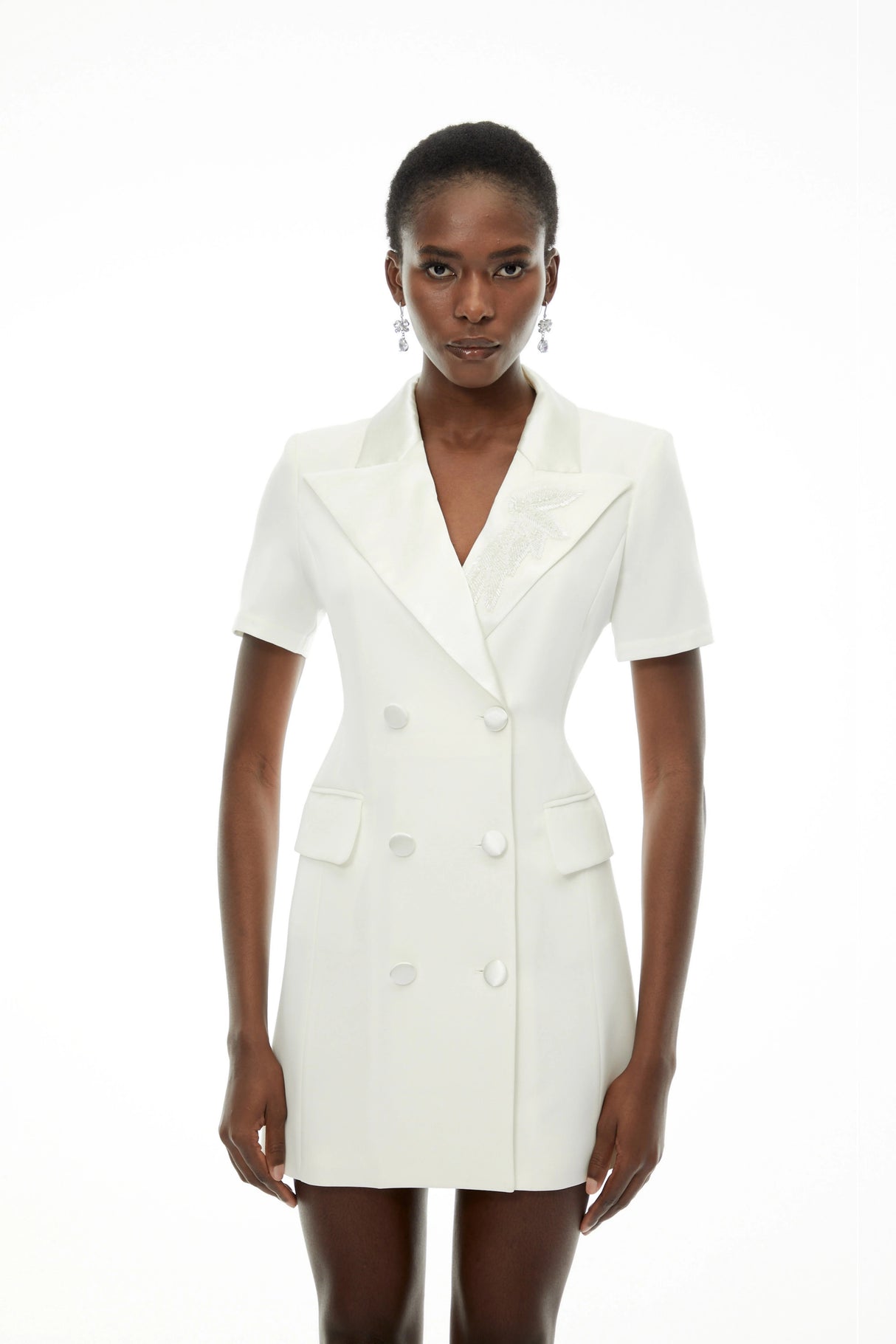Daniella White DoubleBreasted Embroidered Blazer Dress