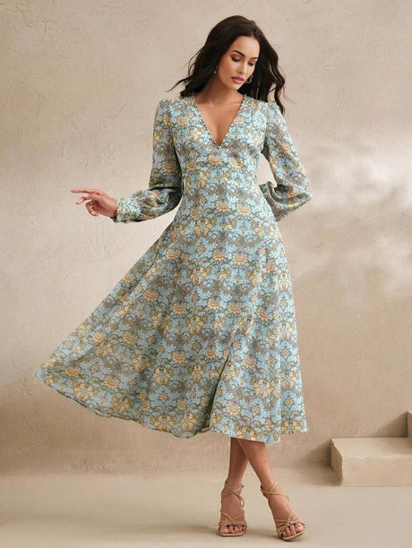 Danielle Midi Dress - V Neckline - Bishop Sleeve - High Waist - A Line - Boho Style