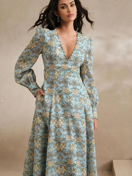 Danielle Midi Dress - V Neckline - Bishop Sleeve - High Waist - A Line - Boho Style