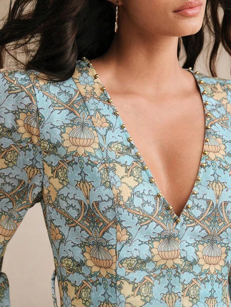 Danielle Midi Dress - V Neckline - Bishop Sleeve - High Waist - A Line - Boho Style