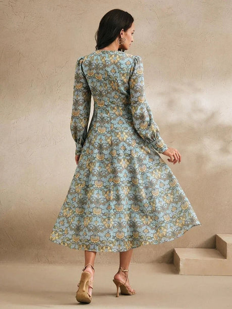 Danielle Midi Dress - V Neckline - Bishop Sleeve - High Waist - A Line - Boho Style