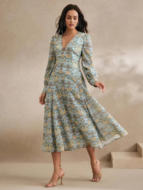 Danielle Midi Dress - V Neckline - Bishop Sleeve - High Waist - A Line - Boho Style