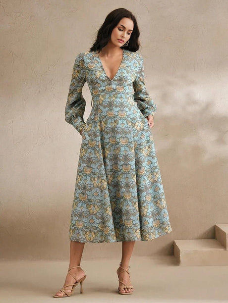 Danielle Midi Dress - V Neckline - Bishop Sleeve - High Waist - A Line - Boho Style
