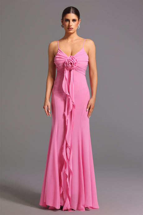 Danielle Pink Floral Maxi Dress with Deep-V Neckline and Ruffle Detailing