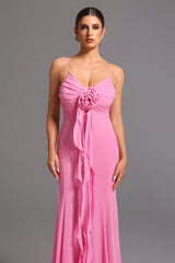 Danielle Pink Floral Maxi Dress with Deep-V Neckline and Ruffles for Special Occasions