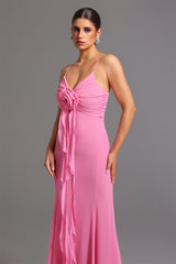 Danielle Pink Floral Maxi Dress with Deep-V Neckline and Ruffles