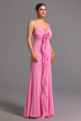 Danielle Pink Maxi Dress with Deep-V Neckline and Floral Detailing