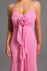 Danielle Pink Maxi Dress with Deep-V Neckline and Flower Detailing