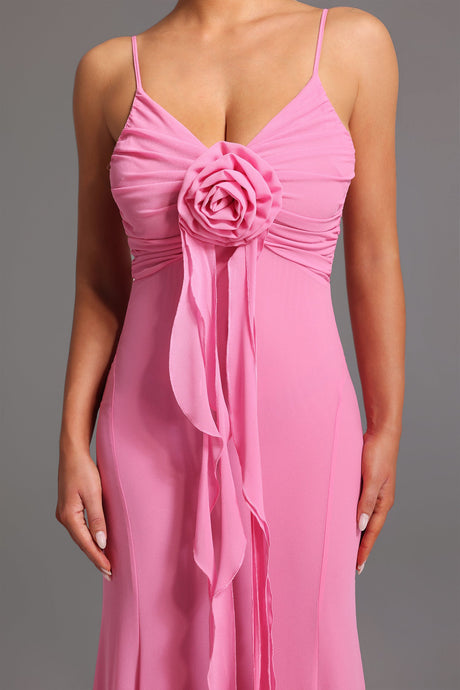 Danielle Pink Maxi Dress with Deep-V Neckline and Flower Detailing