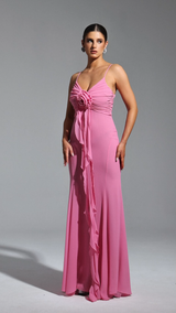 Danielle Pink Maxi Dress with Deep-V Neckline and Floral Detailing
