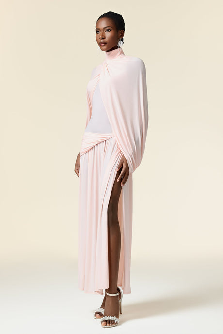 Danielle Pink Maxi Dress Asymmetric Fold Design High Neckline Waist Detailing Elegant Modern Comfortable Evening Formal Statement Piece Beautiful Empowered