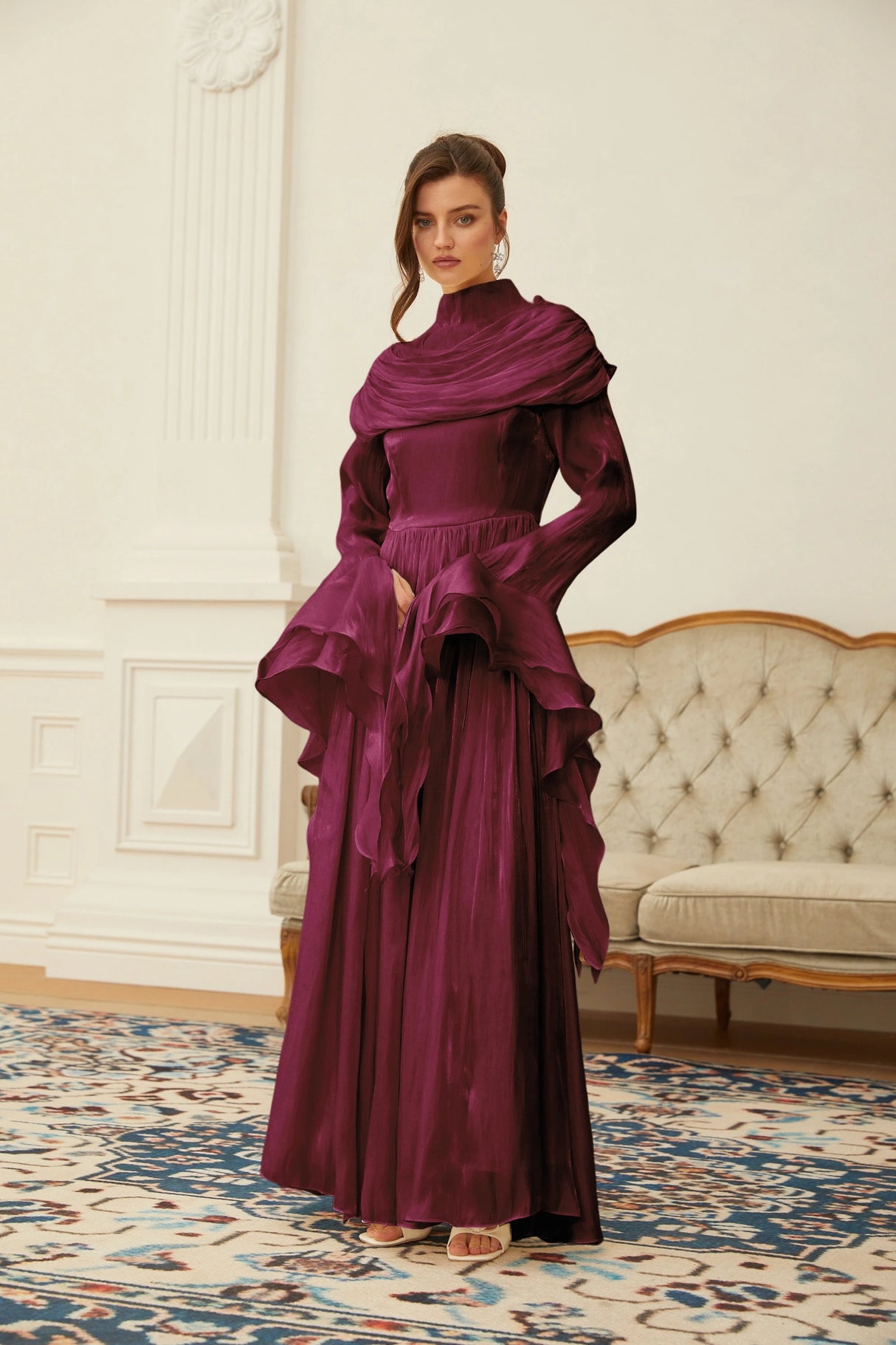 Danuta Burgundy Ruched Pleated Maxi Dress