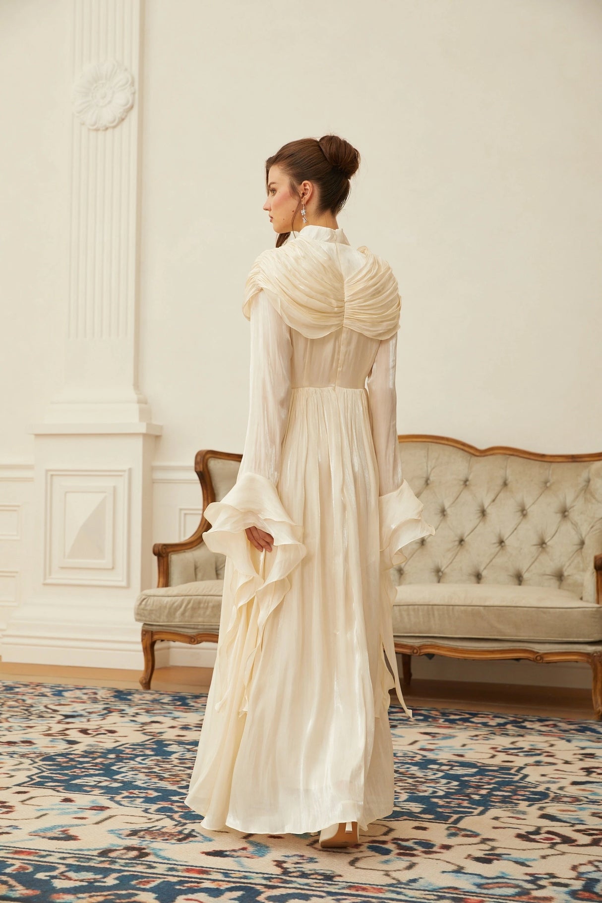 Danuta Neutral Ruched Pleated Maxi Dress