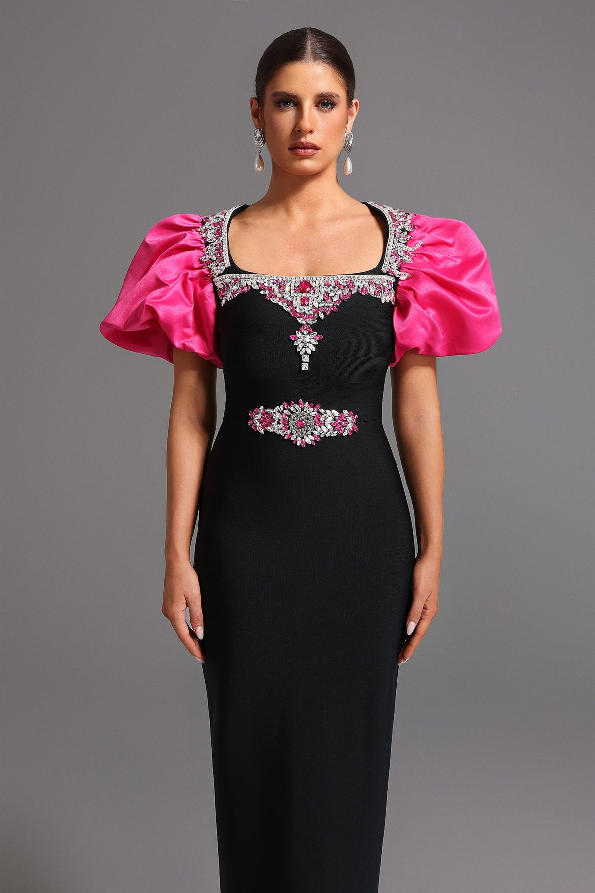 Daphne Black Maxi Dress Square Collar Short Puff Sleeves Diamond Detailing Fitted Silhouette Gala Evening Event Elegance Modern Style