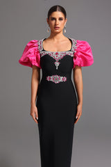 Daphne Black Maxi Dress Square Collar Short Puff Sleeves Diamond Detailing Fitted Silhouette Gala Evening Event Elegance Modern Style