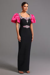 Daphne Black Maxi Dress Square Collar Puff Sleeves Diamond Detailing Fitted Silhouette Special Occasions Gala Evening Event Grace Style
