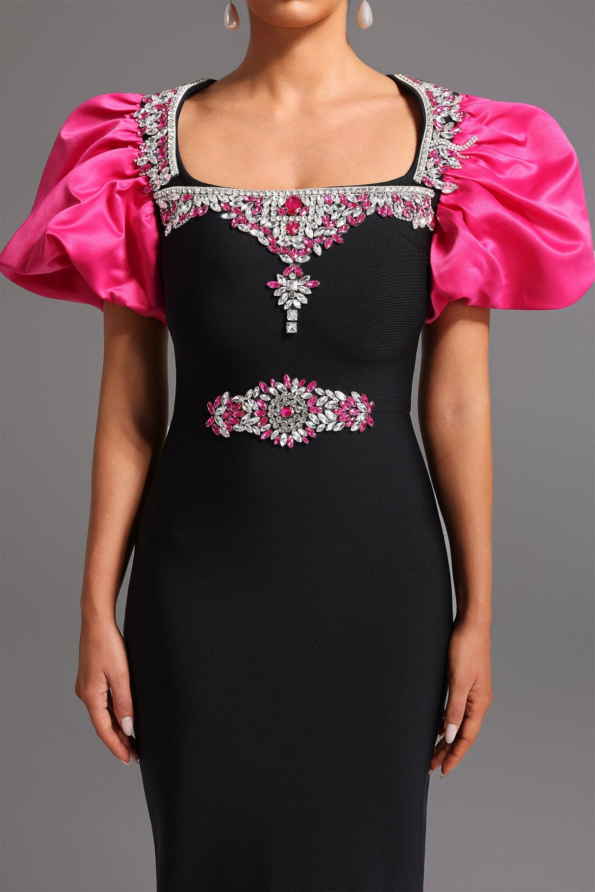 Daphne Black Maxi Dress Square Collar Short Puff Sleeves Diamond Detailing Fitted Silhouette Special Occasions Gala Evening Event Grace Style