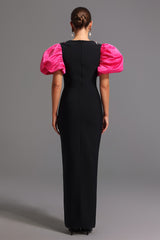 Daphne Black Maxi Dress Square Collar Short Puff Sleeves Diamond Detailing Fitted Silhouette Gala Evening Event Elegant Modern Style