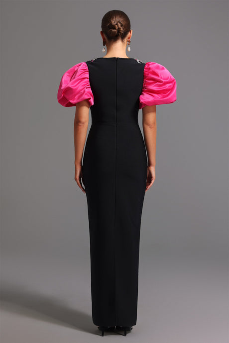Daphne Black Maxi Dress Square Collar Short Puff Sleeves Diamond Detailing Fitted Silhouette Gala Evening Event Elegant Modern Style