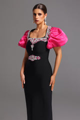 Daphne Black Maxi Dress Square Collar Puff Sleeves Diamond Detailing Fitted Silhouette Gala Evening Event Grace Style