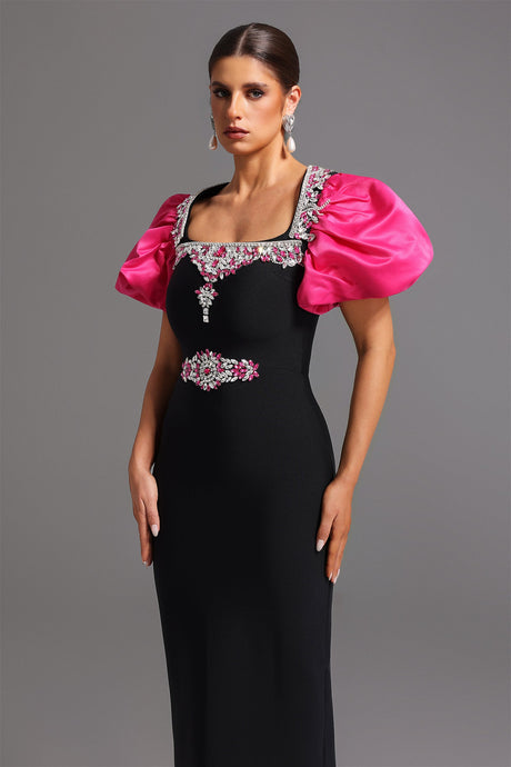 Daphne Black Maxi Dress Square Collar Puff Sleeves Diamond Detailing Fitted Silhouette Gala Evening Event Grace Style