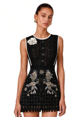 Daphné Black Mini Dress with Floral Embroidered