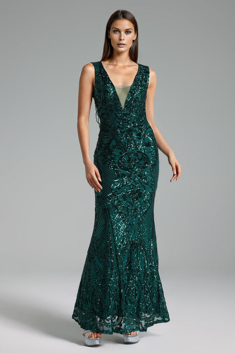 Daphne Green Sequin Formal Dress Slim Fit Elegant Glamorous Evening Gala Wedding Special Occasion