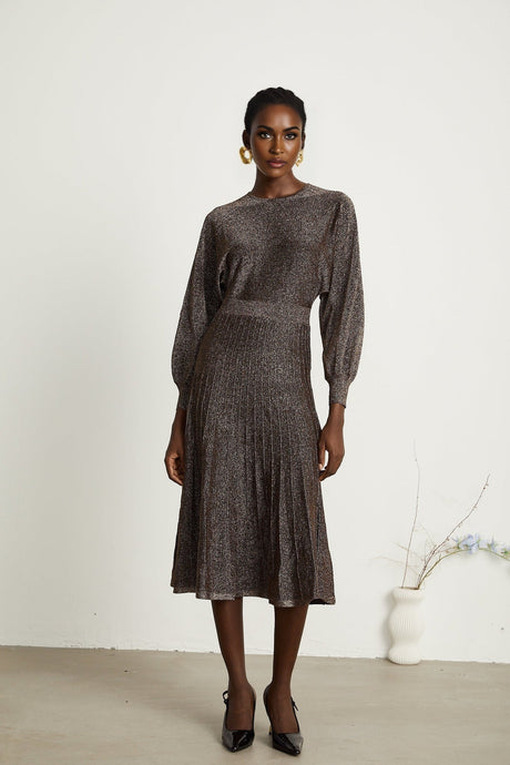 Daphne Midi Dress - Long Sleeves - Metallic Threading - Ribbed Knit - Flared Skirt - Elegant Midi Length