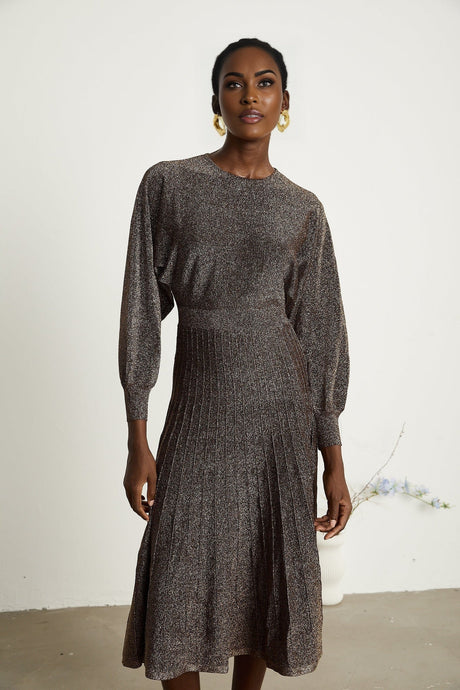 Daphne Midi Dress - Long Sleeves - Metallic Threading - Ribbed Knit - Flared Skirt - Elegant Midi Length