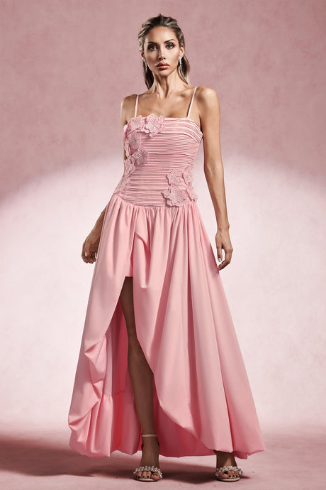 Daphne Pink Floral Embellished Strapless Dress with Thigh-High Slit