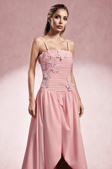 Daphne Pink Floral Embellished Strapless Dress with Thigh-High Slit
