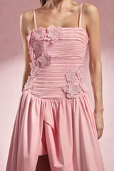 Daphne Pink Floral Embellished Strapless Dress with Thigh-High Slit