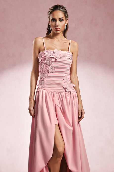 Daphne Pink Floral Embellished Strapless Dress with Thigh-High Slit