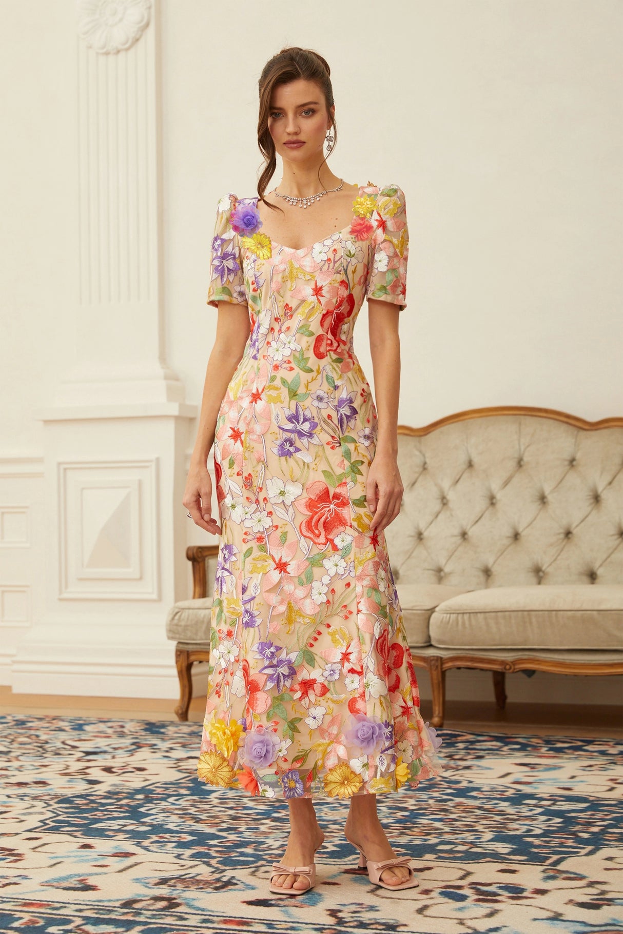 Darcy Neutral Floral Embroidered Tulle Midi Dress