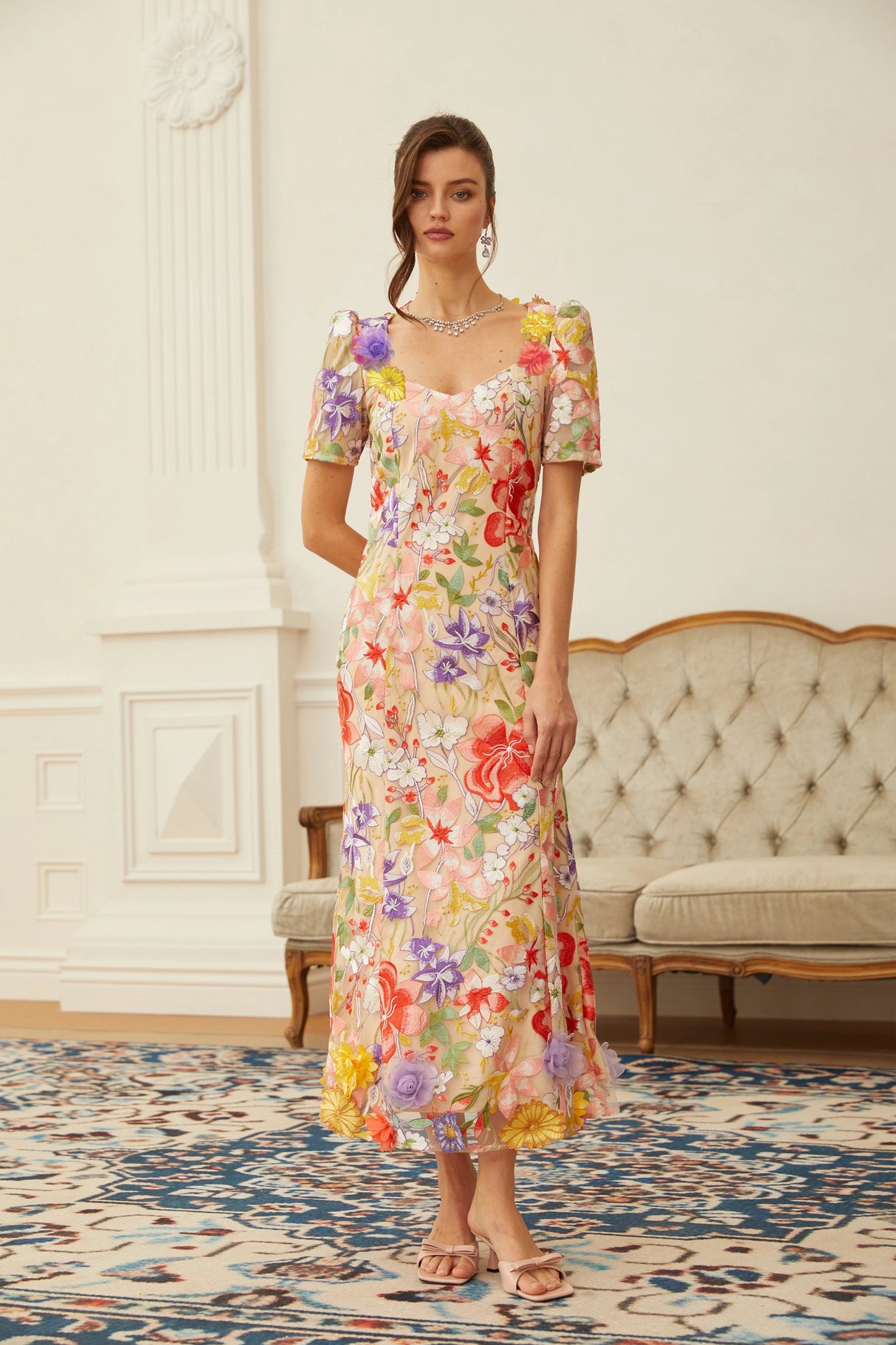 Darcy Neutral Floral Embroidered Tulle Midi Dress