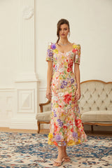 Darcy Neutral Floral Embroidered Tulle Midi Dress