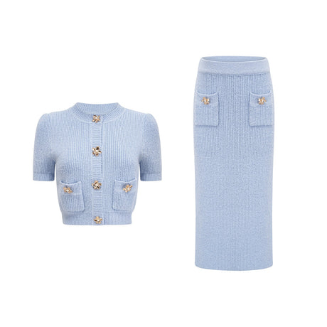 Daria Blouse & Skirt - Stretch Knit - Crew Neck - Short Sleeves - Front Patch Pockets